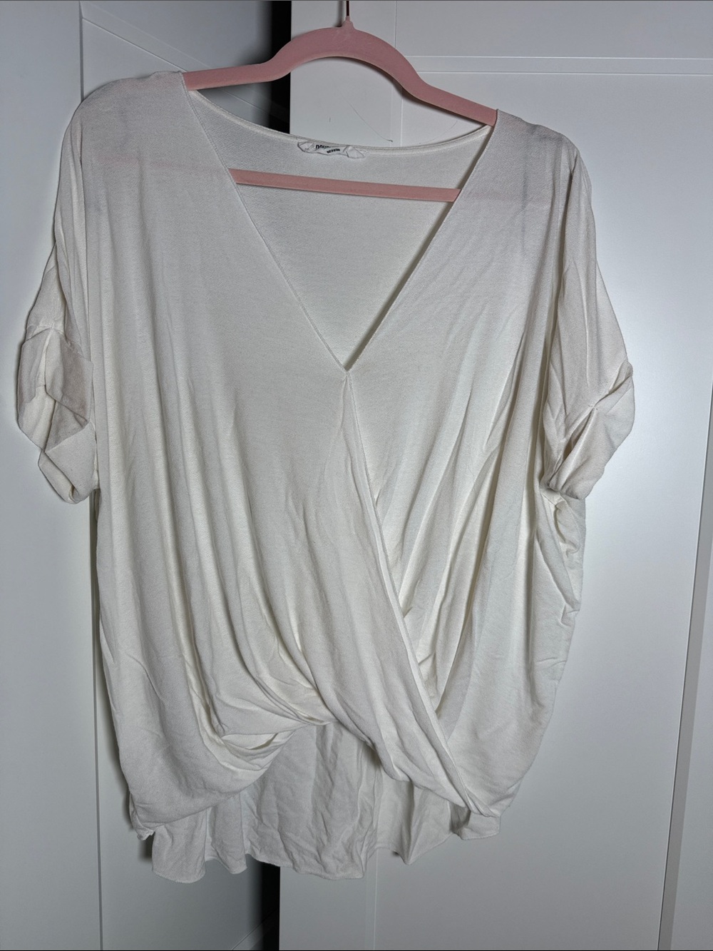 Zenana Outfitters White Drapey Cross-Front Wrap Deep V-Neck Short Sleeve Top